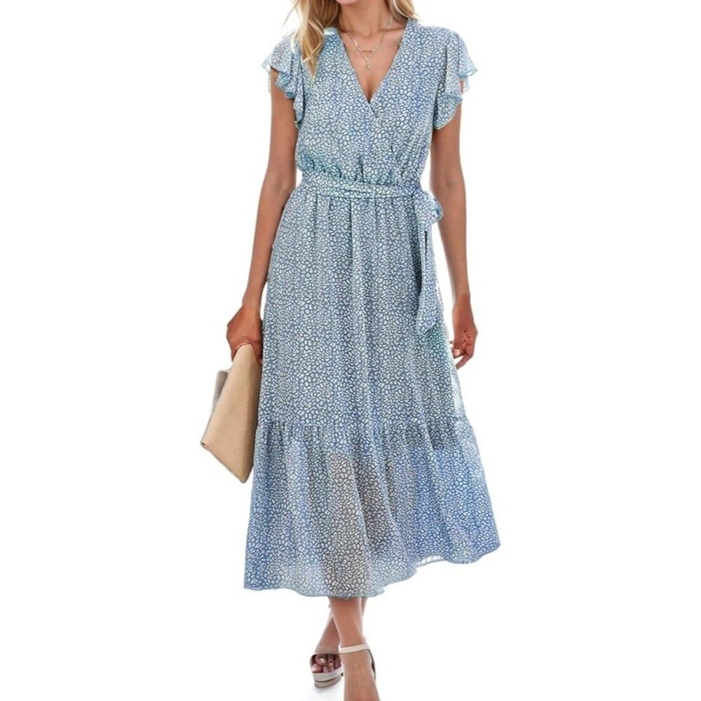 BTFBM Women Summer Bohemian Floral midi Wrap cottage Ruffle Cap Sleeves Belt. M